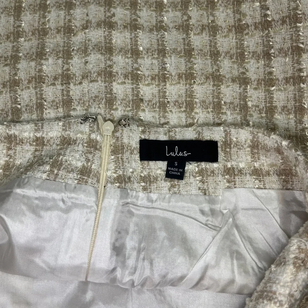 Lulus Tan Plaid Tweed Faux Wrap‎ Mini Skirt Metallic Small